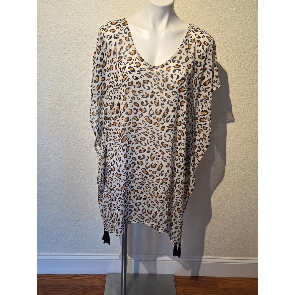 Palisades Beach Club Leopard‎ Print Kaftan Swim Cover Up Tassel Strappy Back OS